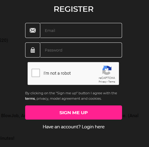 CamLust registration form with Google I'm not a robot prompt.