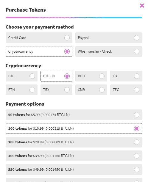 Camsoda PUrchase Tokens Choose your payment method: credit card, PayPal, cryptocurrency, wire transfer /check