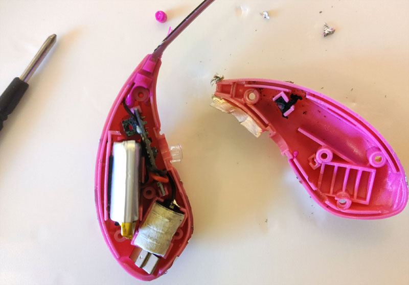 Picture of a lovense lush bluetooth remote control sex toy opened up to show the electronics, battery, pcb, and wiring inside