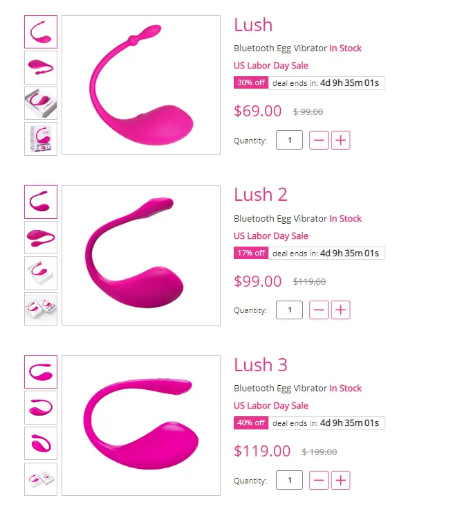 Three different models of the Lovense Lush tip-controlled vibrator.