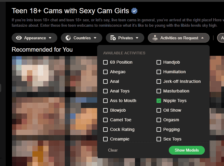 Teen 18+ category at Stripchat showing activities drop down highlighting nipple toys