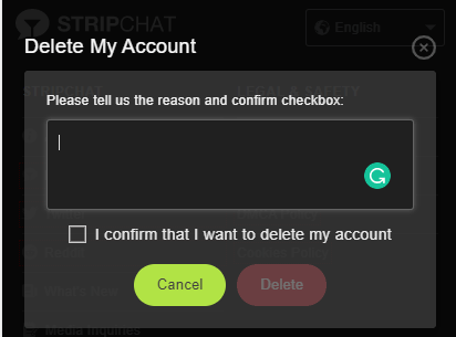 Stripchat: Delete My Account: Please tell us the reason and confirm checkbox: I confirm that I want to delete my account.
