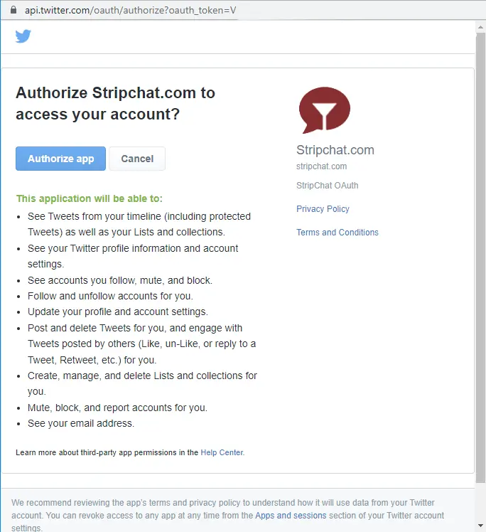 Authorize Twitter to login to Stripchat.